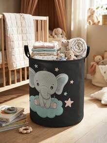 1pc Cute Elephant Pattern Foldable Large Capacity Round Storage Basket With Handle, Versatile Storage Bin For Nursery, Baby Supplies Organizer, Diaper Storage, Clothing Storage, Multi-Purpose Storage Box - Multicolor - View 17