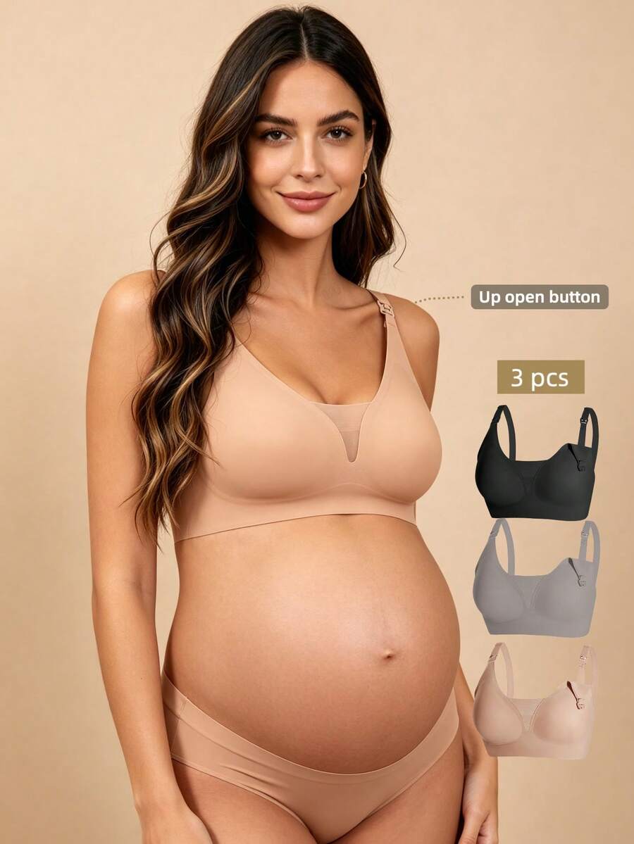 3件裝孕婦哺乳內衣，深V領性感前扣哺乳內衣，舒適無縫提拉支撐 - 彩色 - 查看 1