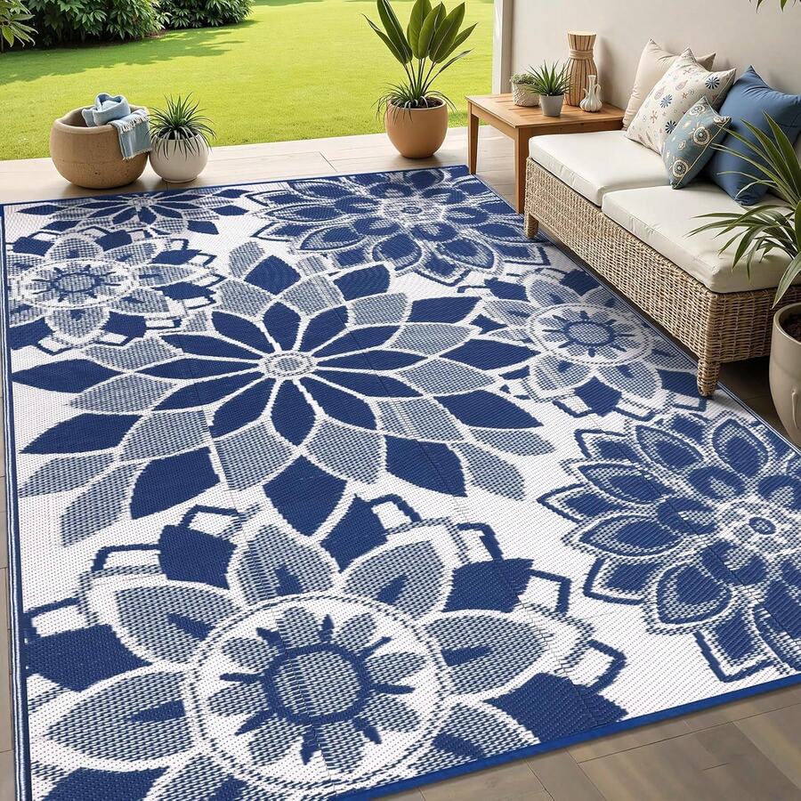 Outdoor Rug For Patio 5x8 Ft Reversible Plastic Straw Patio Camping Rug, Floral Waterproof RV Mat For Camper Indoor Outdoor Carpet For Deck Porch Picnic Beach Balcony Backyard, 6x9, 8x10, 9x12 - Floral - View 1