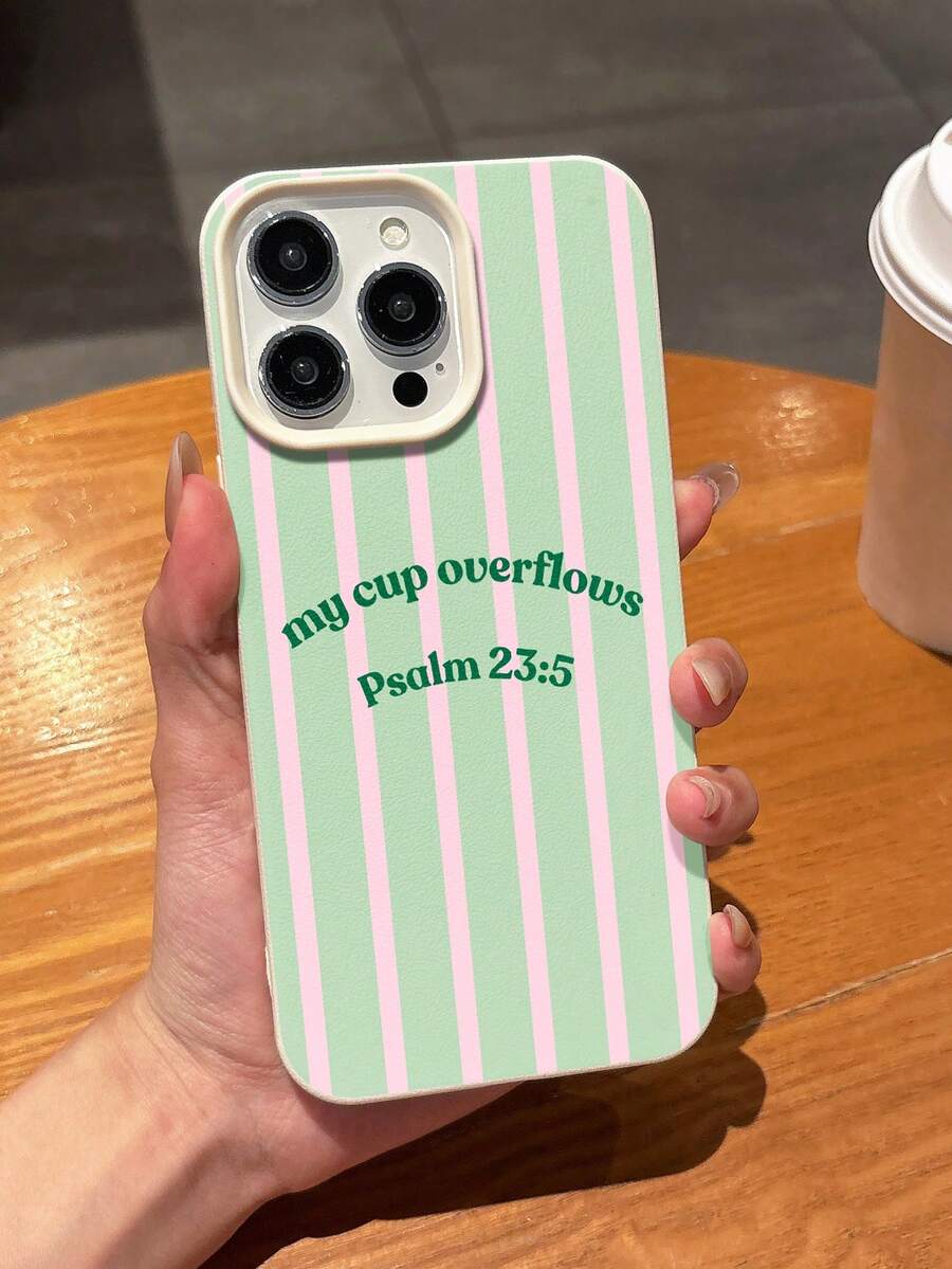 1pc Minimalist Fresh Color-Block Striped Artistic Faith Slogan Pattern Large Hole Leather Texture Full Coverage Soft Phone Case Compatible With IPhone 11/12/13/14/15/16/17 Pro Max - Multicolor - View 1
