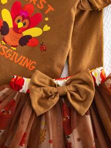 2pcs Baby Girl Turkey Pattern Long Sleeve Bodysuit With Tulle Skirt And Headband Set, Cute Holiday Outfit For Spring And Autumn - Khaki - View 9