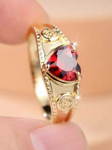 1 Vintage-Style Red Heart-Shaped Zirconia Carved Wide Ring For Women-A Romantic And Atmospheric Women's Ring - Red - View 9