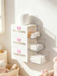 Wall-Mounted Visible Dust-Proof Storage Box With Heart Pattern Decoration, Cotton Swab & Accessory Organizer, Left-Right Pull-Out Small Item Storage Box, Wall-Mounted Makeup Organizer, No-Drill Plastic Storage Rack, Pull-Out Shelf For Bathroom And Dorm, Adhesive/Screw Installation, Space-Saving Lightweight Rack For Cosmetics, Headbands, Powder (No Tools Required) - Multicolor - View 1