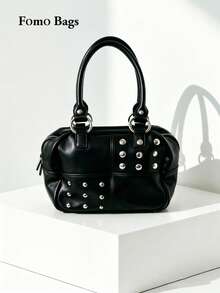Tas Bahu Vintage Retro Rivet Gaya Jepang & Korea, Tas Bahu Vintage Serbaguna Kapasitas Besar untuk Komuter, Jalan-jalan, Belanja Sehari-hari - Hitam - View 1