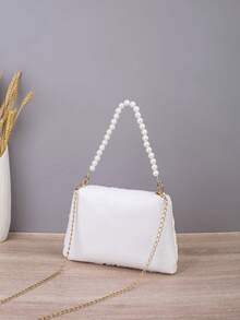 Sac de soirée en dentelle florale pour femmes, sac à bandoulière élégant avec chaîne de perles, sac à main mini bandoulière à double chaîne pour mariage et fête - Blanc - Voir 6