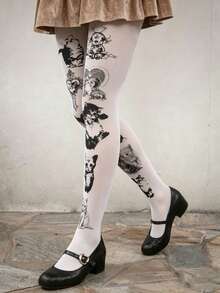 1 Pair Plus Size Cat Print High Elasticity Tights, Sexy Fashion Cute Y2K Style, Suitable For Daily Wear, Dating, Spring/Autumn Parties - Multicolor - View 8