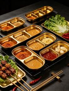 Multi-Compartment Stainless Steel Condiment Dish, Odor-Resistant, Easy To Clean And Durable Tabletop Storage Organizer. Thickened Material Kitchen Divided Plate, Suitable For Sauces And Side Dishes. Keep Your Tabletop Tidy (Preferred For Exquisite Living); Kitchen Accessories, Kitchen Gadgets, Condiment Dish, Dipping Dish, Kitchen Essentials, Perfect Practical Gift For Families Who Care About Healthy Eating. - Gold - View 7