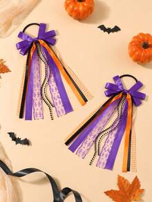 2pcs Halloween Bow Scrunchies For Kid Girls,Elegant Long-Tail Ribbon Plaid Hair Ties For Halloween Party,Day Of The Dead,Lace Headdress,Hair Accessory - Multicolor - View 2