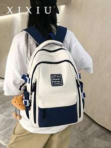 Ambient Color Matching Students Backpack Contrast Classic College Wind Side Strap Design Lightweight Commuter Travel Joker Bag. - Blue - View 1