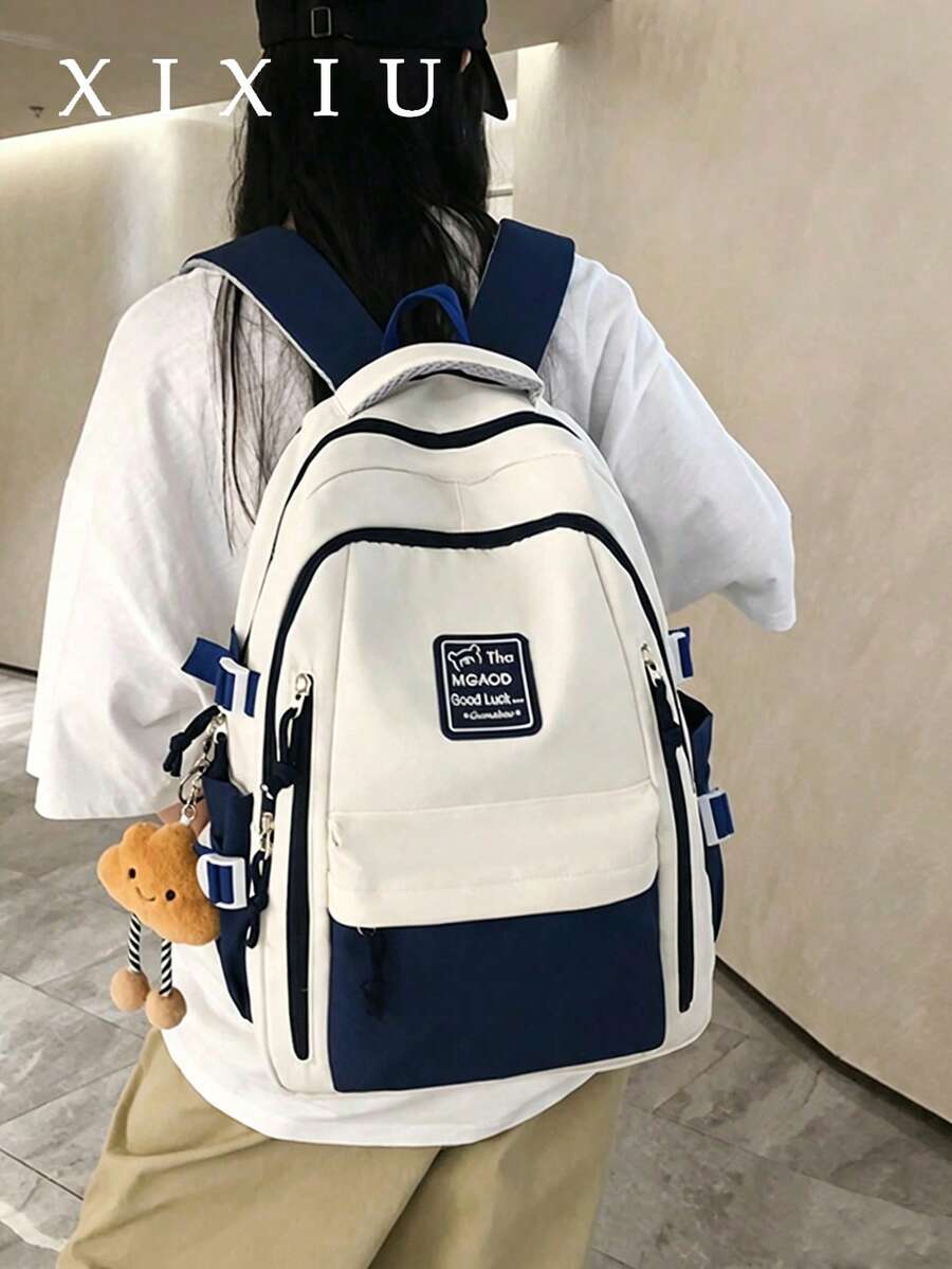Ambient Color Matching Students Backpack Contrast Classic College Wind Side Strap Design Lightweight Commuter Travel Joker Bag. - Blue - View 1