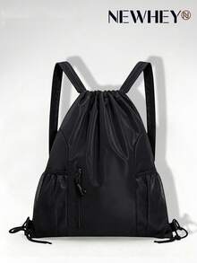 NEWHEY Large Stock New Water-Resistant Nylon Drawstring Backpack, Solid Color Travel Outdoor Fitness Bag, Minimalist Outdoor Travel Backpack - Black - View 1