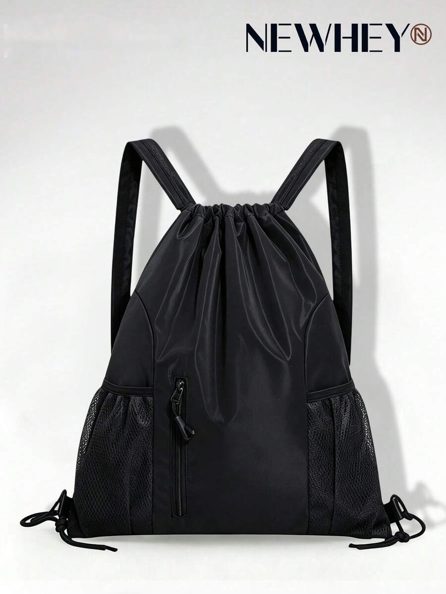 NEWHEY Large Stock New Water-Resistant Nylon Drawstring Backpack, Solid Color Travel Outdoor Fitness Bag, Minimalist Outdoor Travel Backpack - Black - View 1