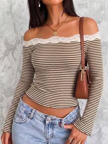 Women's Casual Open Shoulder Lace Patchwork Striped Slim Fit Long Sleeve Base Layer T-Shirt For Autumn Daily Commute - Brown - View 3