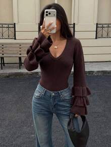 SEREN Autumn/Winter New Coffee Color V-Neck Knit Sweater, Slimming Waist Soft Inner Layer Top, Ruffle Bell Sleeve Design, Daily Wear - Coffee Brown - View 2