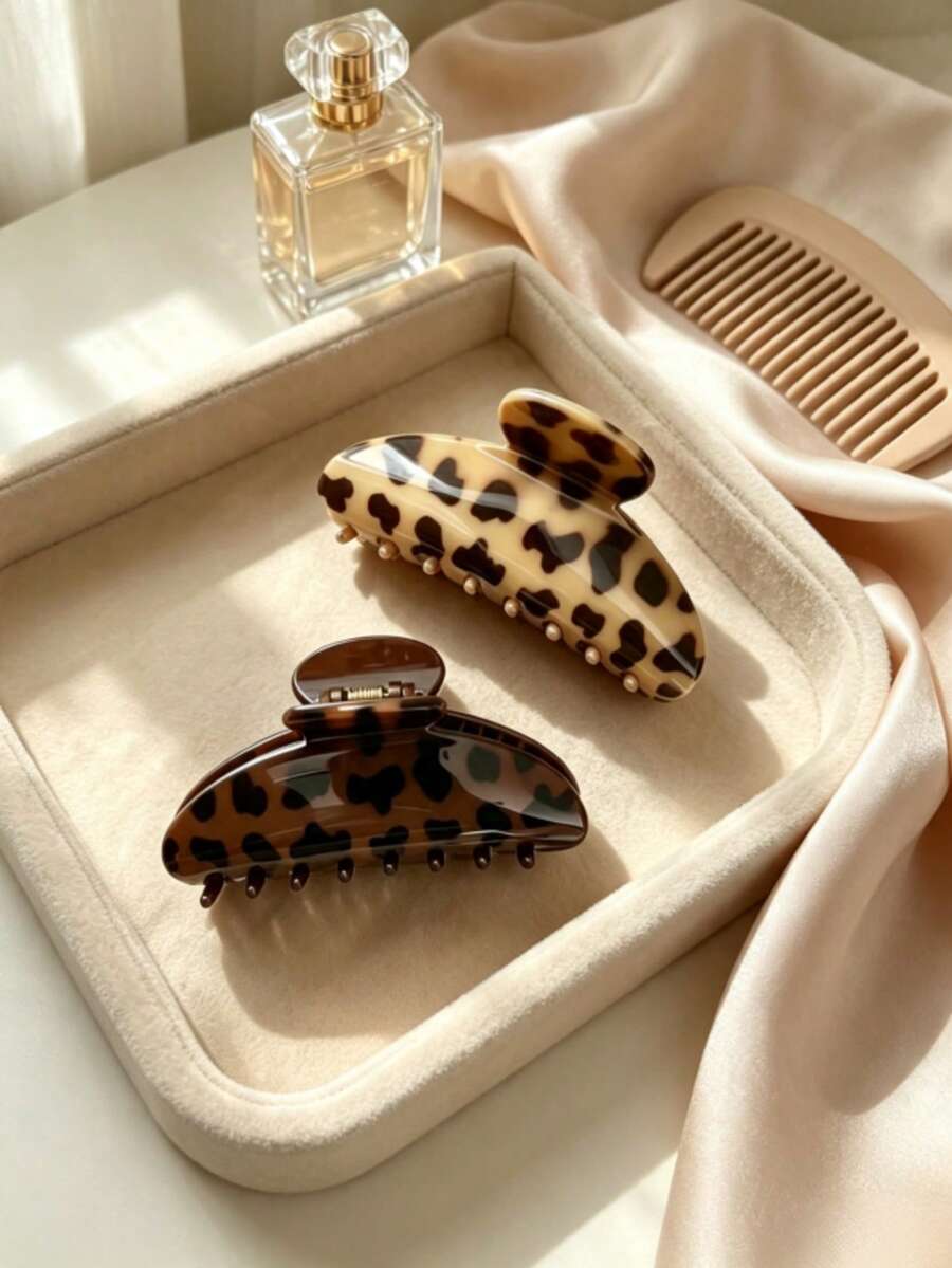 2pcs Leopard Print Resin Hair Claw Clips, Vintage Non-Slip Large Strong Hair Clips For Women Y2K Hair Accessories - Brown - View 1