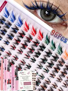 MEM 96 Pieces Of 4-Color Mixed Color Single Cluster False Eyelashes, D-Roll Colorful DIY Eyelash Clusters, With Glue, Glue Remover And Tweezers, Rainbow Color 1 Piece False Eyelashes, 1 Piece False Eyelashes, False Eyelashes, Halloween - Black - View 9