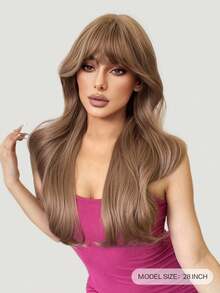 alicegarden 28 Inch Long Synthetic Wig, Natural Wavy Curls, Flaxen Brown Color, With Bangs, Suitable For Women Daily Wear, Party, Cosplay Use, Natural And Durable, Women's Wig Gift - Linen Brown - View 2