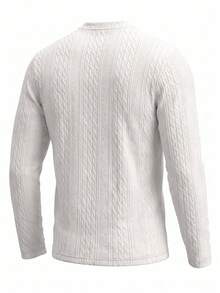 Atasan Pria Kasual Musim Semi/Gugur Warna Polos Bertekstur Jacquard dengan Kancing Setengah Terbuka dan Kerah Henley, Lengan Panjang - Putih - View 3