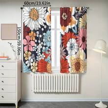 2pcs Vintage Painted Daisy Semi-Sheer Curtains, Bohemian Style Colorful Floral Decorative Fabric Curtains, Suitable For Couple Bedroom, Living Room, Dining Room Window Decor, Room Divider - Multicolor - View 6