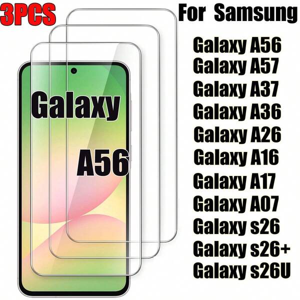 3片裝強化玻璃螢幕保護貼，適用於 Galaxy A56 / Galaxy A26, 36, 16, Galaxy A57, 17, 07, 37, Galaxy S26 Ultra / Galaxy S26 PLUS (+) 智慧型手機，9H 高清透明，支援指紋解鎖，防摔