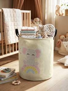 1pc Cute Elephant Pattern Foldable Large Capacity Round Storage Basket With Handle, Versatile Storage Bin For Nursery, Baby Supplies Organizer, Diaper Storage, Clothing Storage, Multi-Purpose Storage Box - Multicolor - View 28