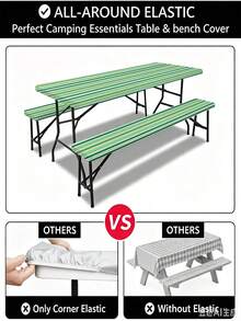 3 Pieces Picnic Tablecloth Set With Bench Cover, Elastic Edge Design, Striped Pattern, Washable Rectangular Tablecloth, Suitable For Weddings, Camping, Picnics, Garden Parties And More, Practical Essential - C - View 8