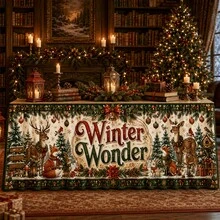 Christmas Table Skirt, Winter Wonderland Polyester Table Cover With Deer, Fox, Rabbit, Pine Tree, Snowflake And Holiday Gift Pattern, Rustic Woodland Christmas Decoration For Home Dining Party - A - View 5