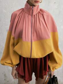 New Fashion Elegant Colorblock Front Short Back Long Zipper Long Sleeve Jacket, Suitable For College, Daily, Travel, Airport Outfits, All Seasons - Pale Yellow - View 4