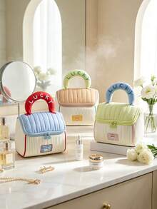 1pc Cute Ins Handbag Type Cosmetic Pouch With Lucky Letter Handle Double Zipper Large Capacity Portable Travel Makeup Storage Bag For Daily Use Vacation Back To School Spring Summer Makeup Storage Bag, Bridesmaid Souvenir, Opening School Season Gift - Multicolor - View 5