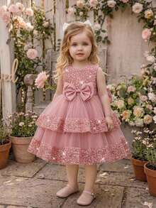 Baby Girls Sequin Mesh Bow Tutu Dress, Cute Flower Girl Dress For Party, Headband Not Included - Dusty Pink - View 5