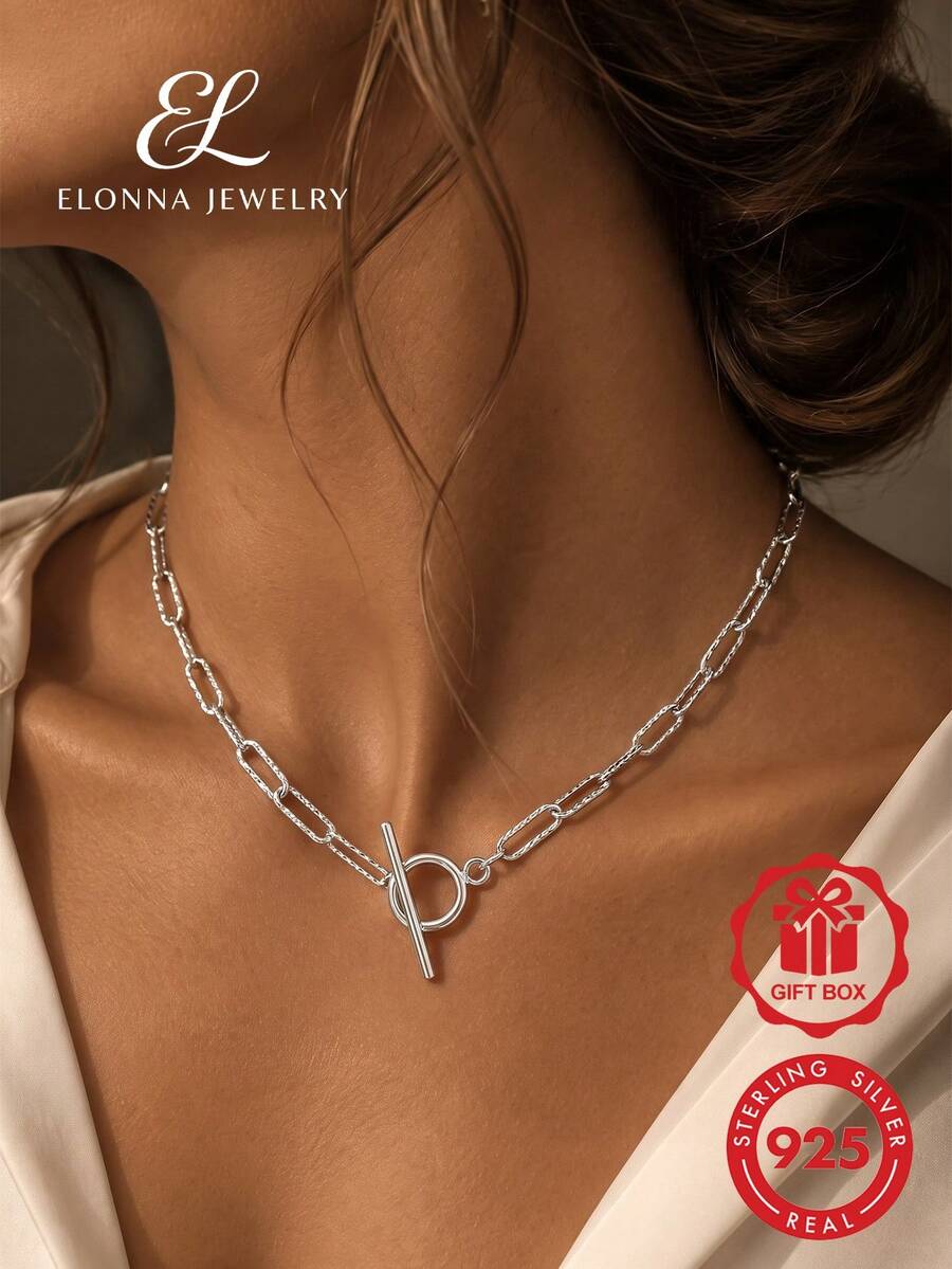 SYMFNY 1pc 925 Sterling Silver Minimalist OT Clasp Textured Paperclip Chain Necklace - Silver - View 1