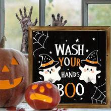 Charming "Wash Your Hands" Theme Halloween Wooden Sign | Rustic Style 20.32x20.32 Cm Framed Decor, Featuring Cartoon Ghosts And Pumpkins | Durable, Fade-Resistant, Suitable For Home, Bathroom, Living Room | Ideal Autumn Gift And Halloween Decoration - Multicolor - View 2