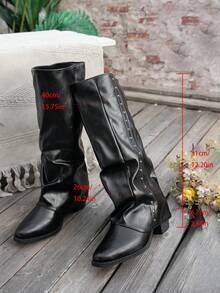 Black High Heel Pointed Toe Tall Boots For Women, Fashionable Studded Knee-High Riding Boots - Black - View 5