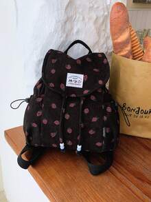 1件可愛草莓印花燈芯絨抽繩翻蓋學生後背包，大容量日常後背包，輕量校園後背包，時尚配件，適合女孩/青少年/學生，適用於學校、日常使用、旅行 - 059 - 查看 14