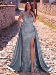 Plus Size Women's Romantic Sequin Maxi Dress Sleeveless Asymmetrical Neck, Thigh-High Slit, Beaded For Formal & Elaborate Parties - Dusty Blue - View 4