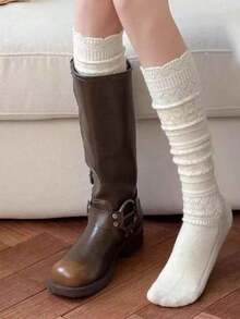 1 Pair Hollow Layered Leg Warmers, Knitted Mid-Calf Socks, Sweet Versatile White, Suitable For Autumn/Winter - Multicolor - View 1