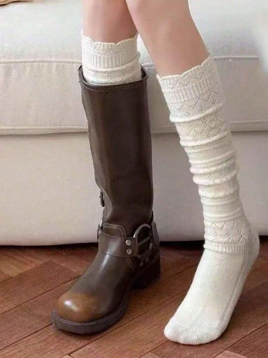 1 Pair Hollow Layered Leg Warmers, Knitted Mid-Calf Socks, Sweet Versatile White, Suitable For Autumn/Winter - Multicolor - View 1