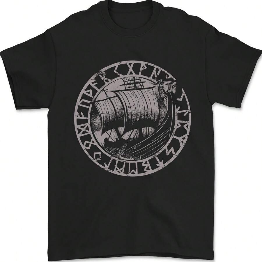 Viking Shipping With Nordic Text Men's T-Shirt 100% Cotton- - Style - View 1