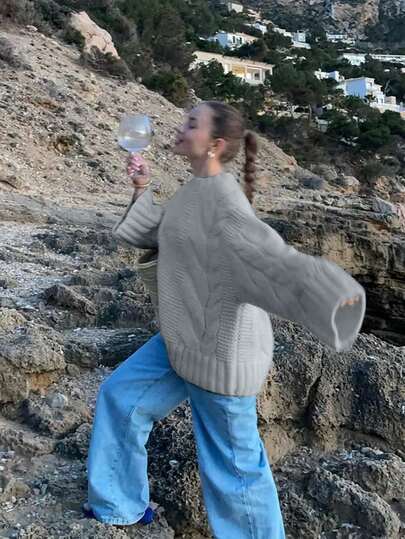 HoloChill Halloween Women's Young Influencer Casual Style, Women's Fashion Cable Knit Pullover Sweater, Ribbed Details, Long Sleeve Crew Neck Top, High Elasticity Regular Fit, Perfect Choice For Autumn, Fall/Winter Sweater, Women's Autumn/Winter Outfit, Women's Outing Top, Women's Elegant Top, Back To School Season, Fall/Winter French Luxury Christmas