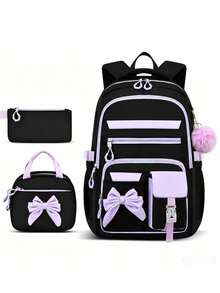 3pcs Contrast Bow Backpack Set With Pom Pom Charm, Multi-Pocket Large Capacity, Suitable For School, Travel And Daily Use - Multicolor - View 2