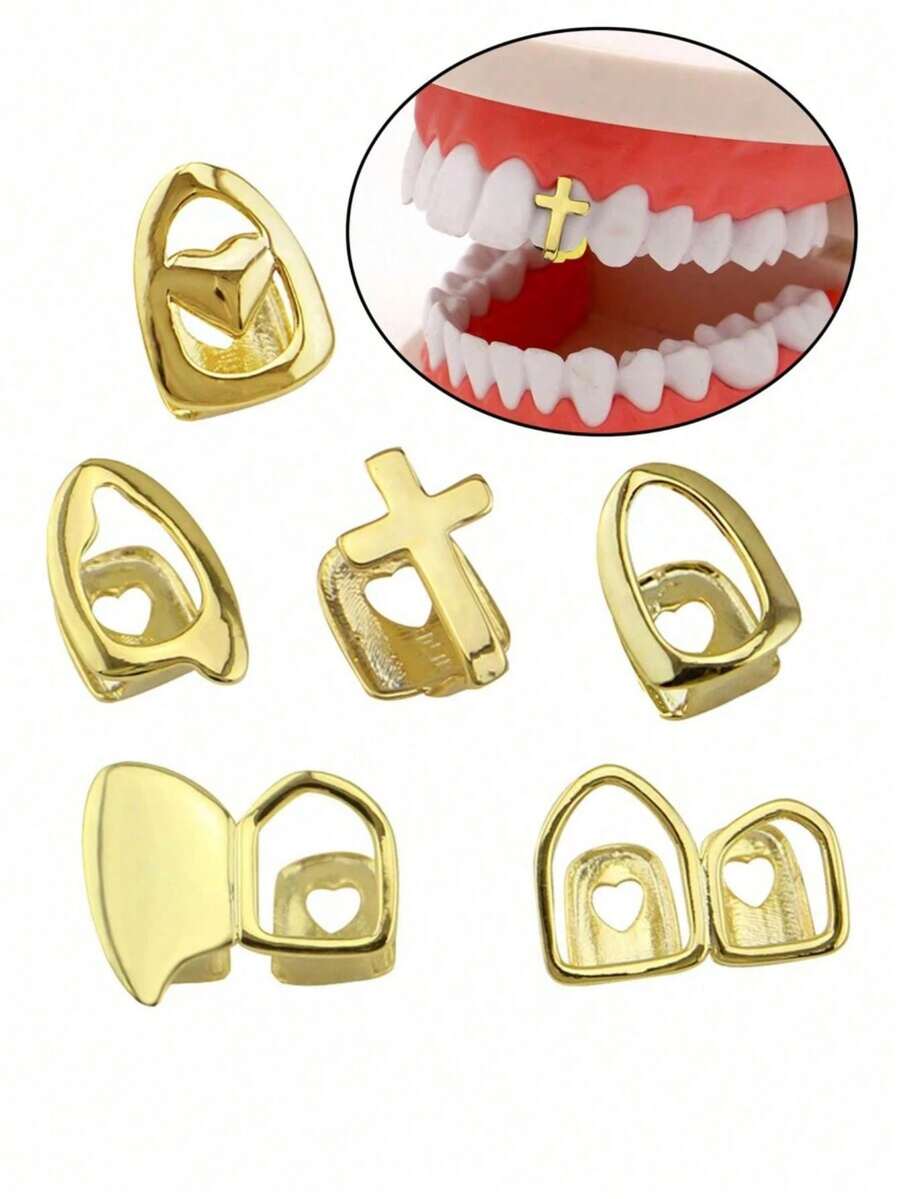 THATBOY 6pcs/Set Gigi Tiruan Berlapis Emas 18K, Penutup Gigi Atas Tunggal - Cocok Untuk Pesta Dan Pemakaian Sehari-hari - Tema Liburan - Batu Kelahiran Desember - Batu Sintetis - MultiWarna - View 1