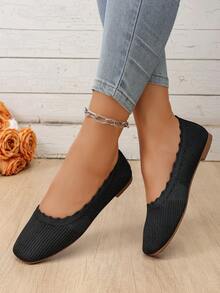 Black Minimalist Square Toe Knit Mesh Low Vamp Flat Slip-On Shoes For Women, Autumn New Classic Casual Exposed Instep Soft Woven Solid Color Commute Mesh Shoes - Black - View 4