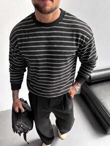 Vintage Fashion Contrast Color Striped Honeycomb Texture Multi-Scenario Innerwear & Outerwear Men's Crew Neck Sweatshirt - Black - View 3