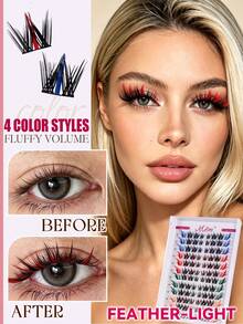 MEM 96 Pieces Of 4-Color Mixed Color Single Cluster False Eyelashes, D-Roll Colorful DIY Eyelash Clusters, With Glue, Glue Remover And Tweezers, Rainbow Color 1 Piece False Eyelashes, 1 Piece False Eyelashes, False Eyelashes, Halloween - Black - View 3