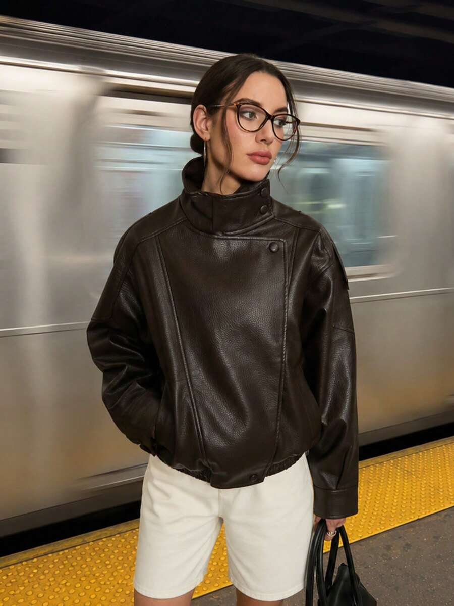 復古大廓型高領人造皮革女款夾克,休閒街頭風秋冬外套 - 棕色 - 查看 1