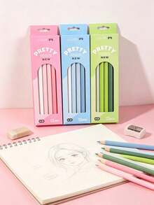 12pcs Macaron Gradient Color HB/2B Pencil Set, 12pcs/Box, Coated Wooden, Smooth Writing, Cute Macaron Color Scheme, Suitable For Students Sketching And Journaling, Back To School Essential Pencil Stationery, New Year Birthday Holiday Party Gift Choice - Multicolor - View 2