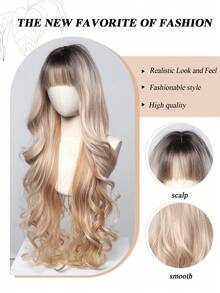 30 Inch Women Long Wavy Ombre Wig With Bangs, Synthetic Heat‑Resistant Natural Looking Dark Root Blonde Ash Brown Full Head Wig For Woman Daily Wear Party Halloween Cosplay - Multicolor - View 4