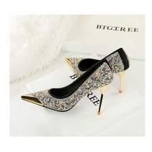 Black Glitter Rhinestone Pointed Toe High Heels for Women, Metal Tip Stiletto Pumps, Slip‑on Sparkly Dress Shoes for Wedding Prom Evening Party - Negro - Ver 6