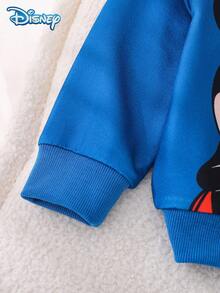 Disney 2pcs/Set Autumn Mickey Mouse Print Long Sleeve Ribbed Sweatshirt And Elastic Waist Blue & White Striped Sweatpants Outfit, Cartoon Pattern, Slight Stretch, Suitable For Baby Toddler Newborn Daily Wear, Spring Gift - Blue - View 4
