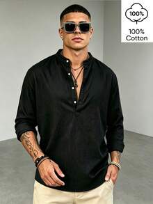 WAIT HIM 100% Cotton Men's Casual Solid Color Henley Collar Long Sleeve Shirt - Black - View 1